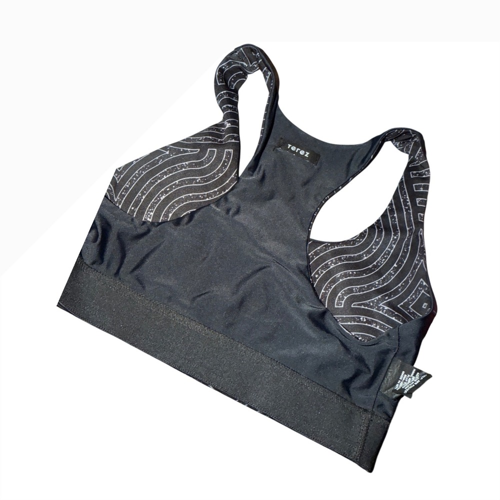 Terez Womens Black White Geometric Wave Print Racerback Sports‎ Bra XS m